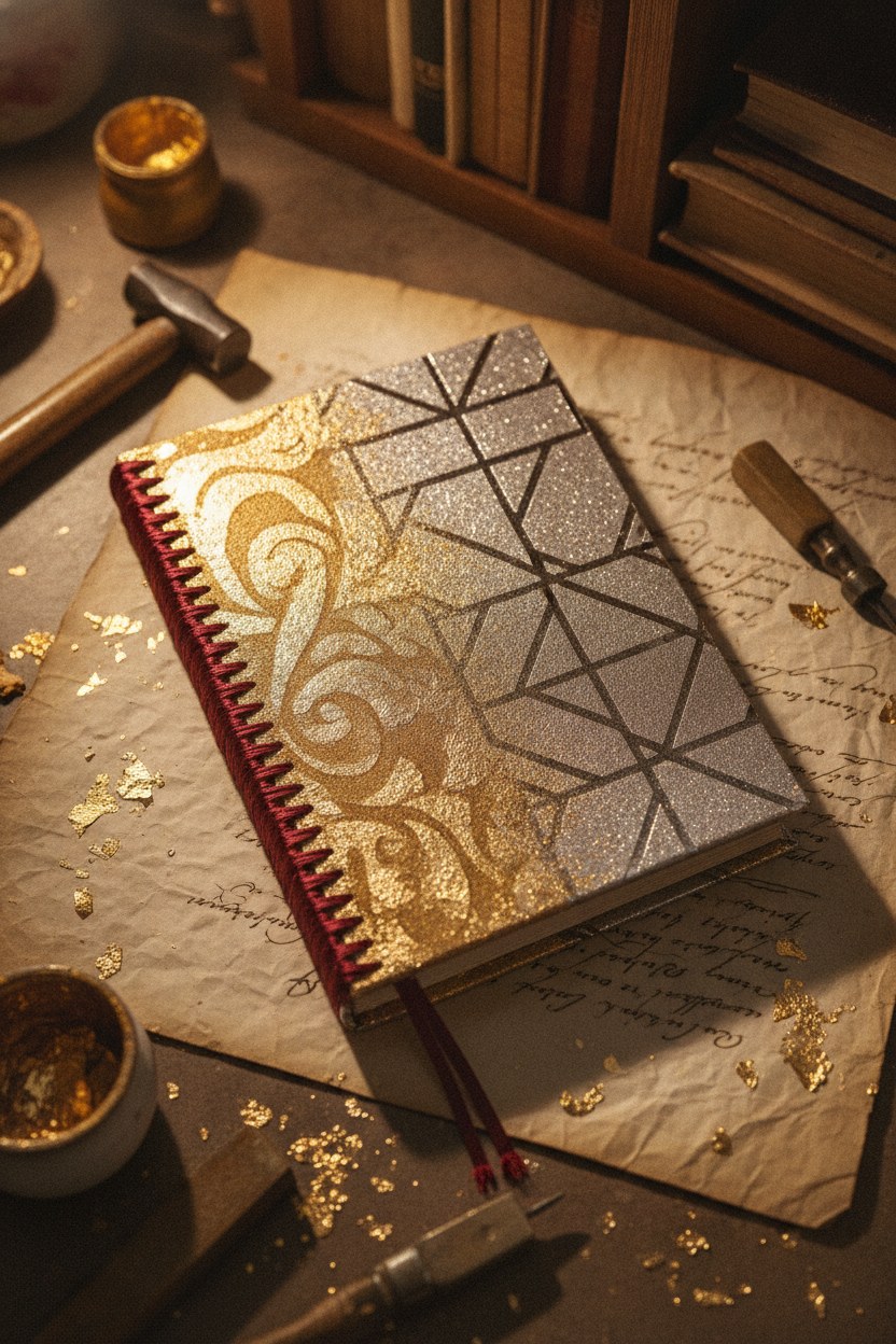 Mülemma defter — altın ve gümüş varak, el dikişi