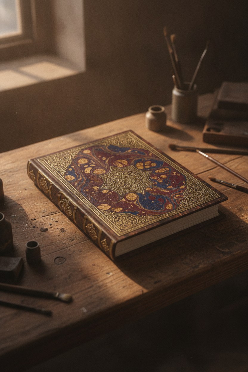 Geleneksel ebru sanatıyla süslenmiş Osmanlı cilt kapağı — altın varak ve rumi desenleri